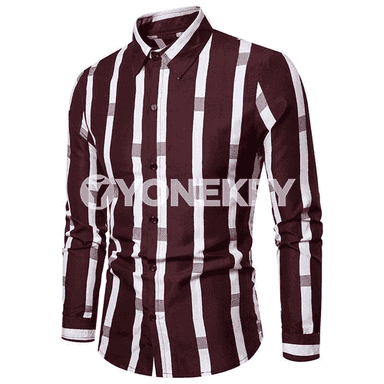 Erkekler üçin niýetlenen dik zolakly we uzyn ýeňli moda köýnek.
