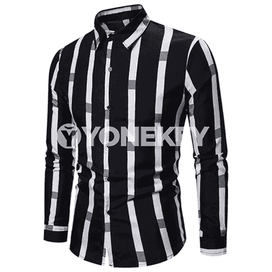 Erkekler üçin niýetlenen dik zolakly we uzyn ýeňli moda köýnek.
